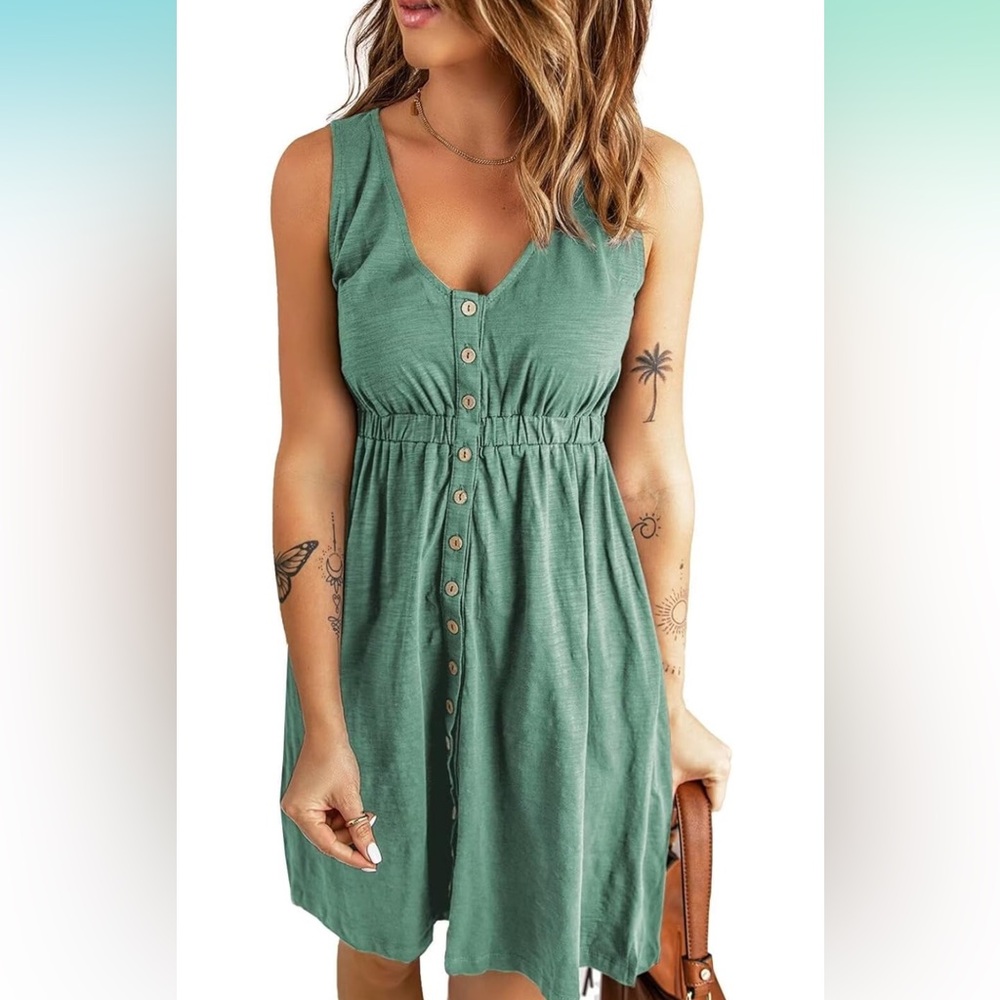 Womens Casual Sleeveless Button Down Elastic Waist Swing Dresses, Maxi XS